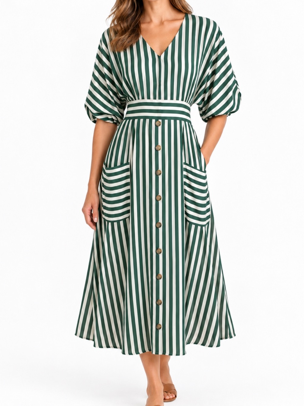 Philosophy Green/White Striped V-Neck A-Line Midi Dress 12